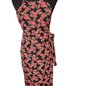 Privacy Please x Revolve Faux Wrap Halter MIDI Dress Criss Cross Back Floral M